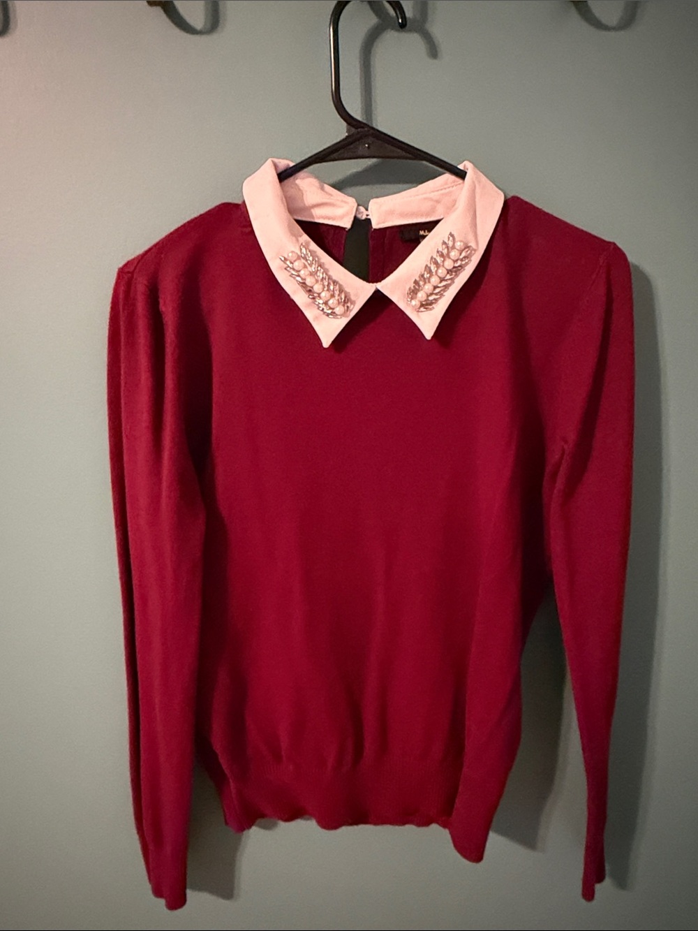 Milano Burgundy Sweater with Pink Jeweled Collar